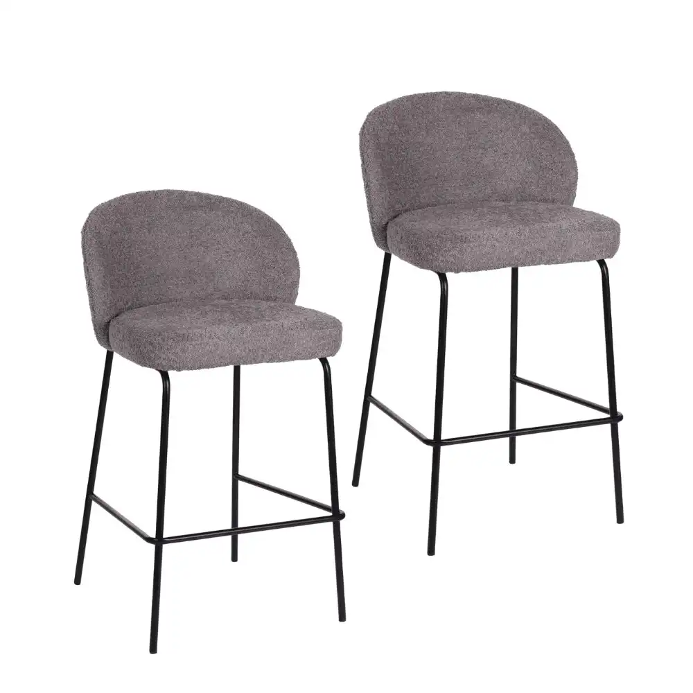 Set Of 2 Chiara Boucle Fabric Kitchen Counter Bar Stools 66cm Metal Frame - Pewter