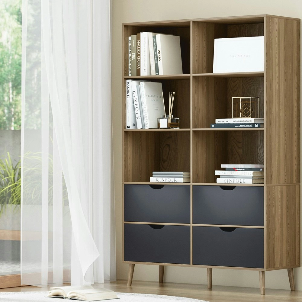 Artiss Bookshelf with 4 Drawers - MITZI Oak and Blue