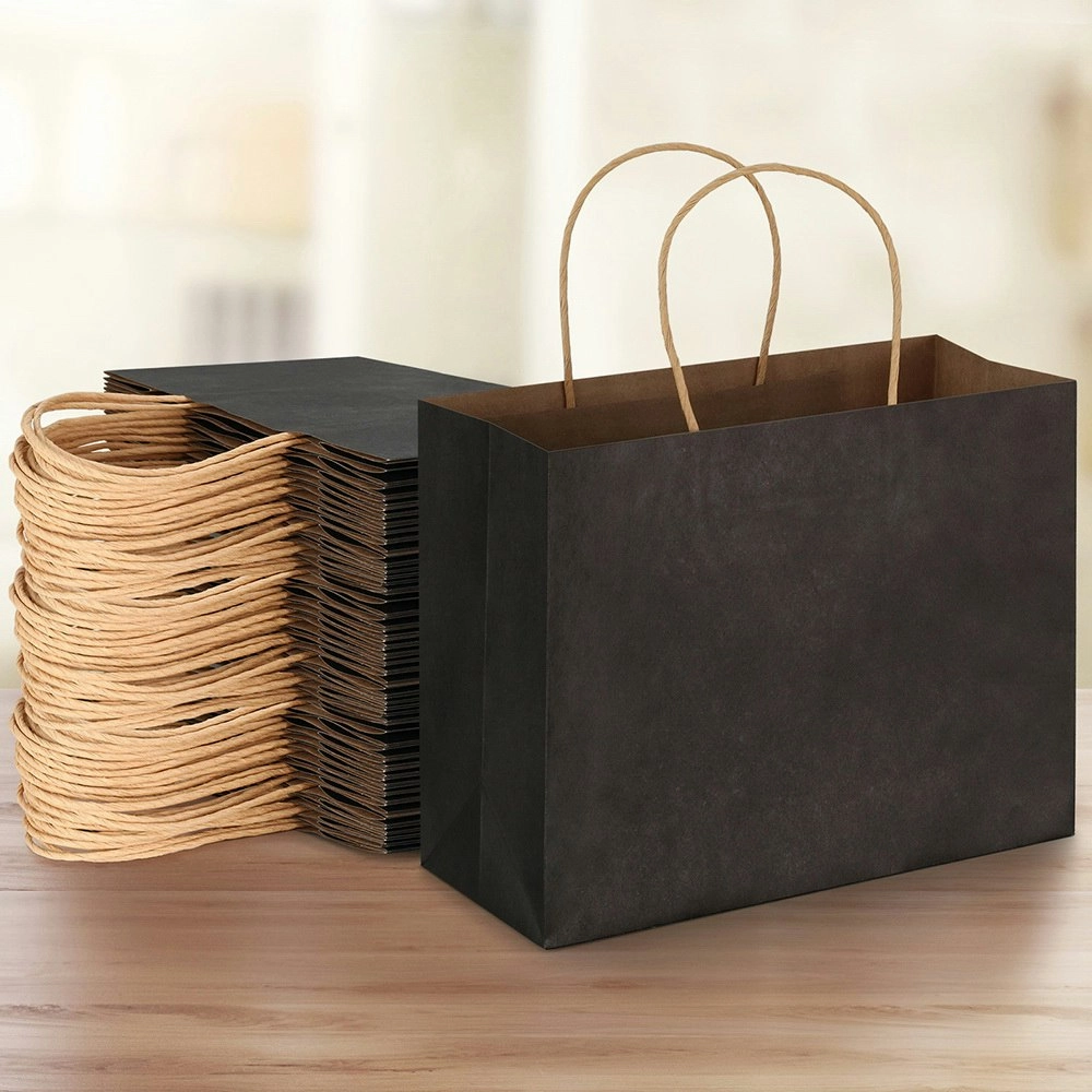 50pcs Bulk Paper Bags Pack Shopping Retail Gift Bags Reusable Soft Handle Black