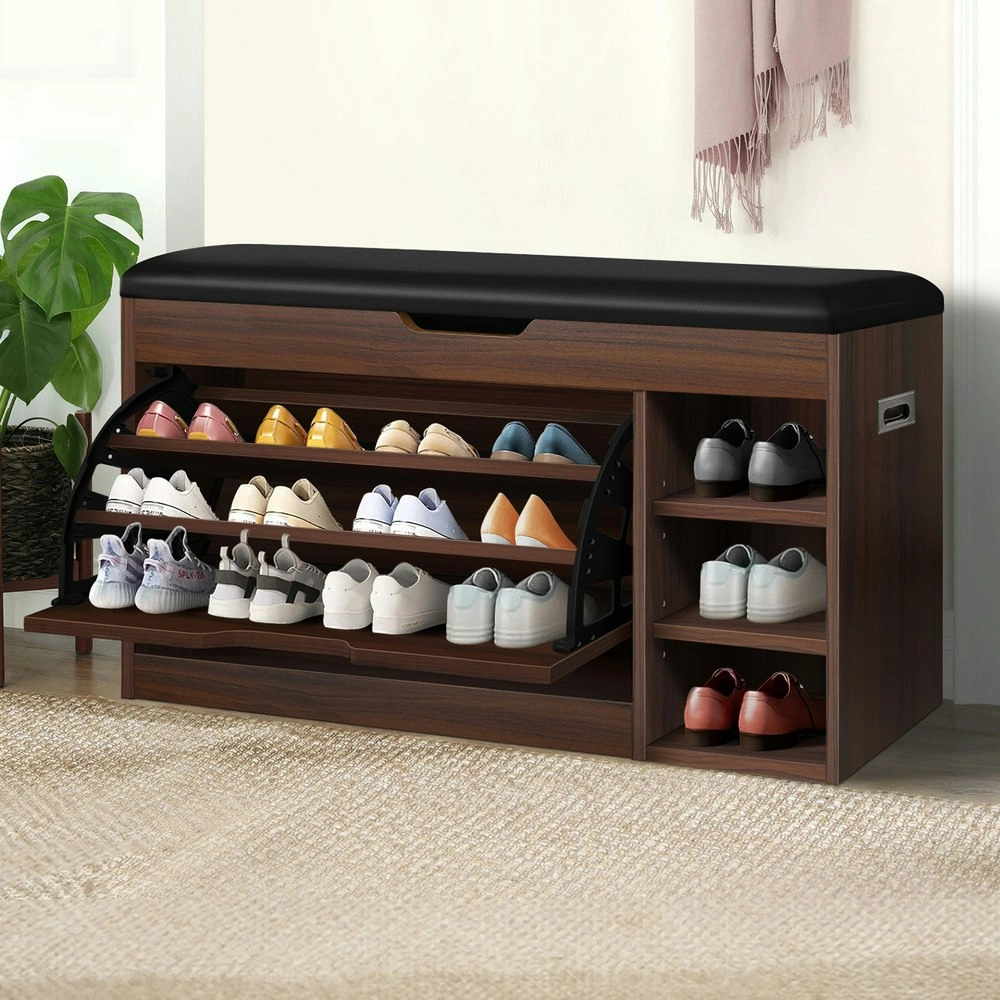 Alfordson Shoe Cabinet Bench 18 Pairs Walnut