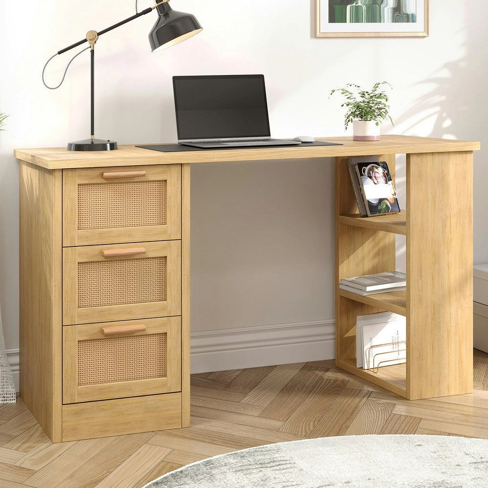 Alfordson Computer Desk Rattan Study Table Oak