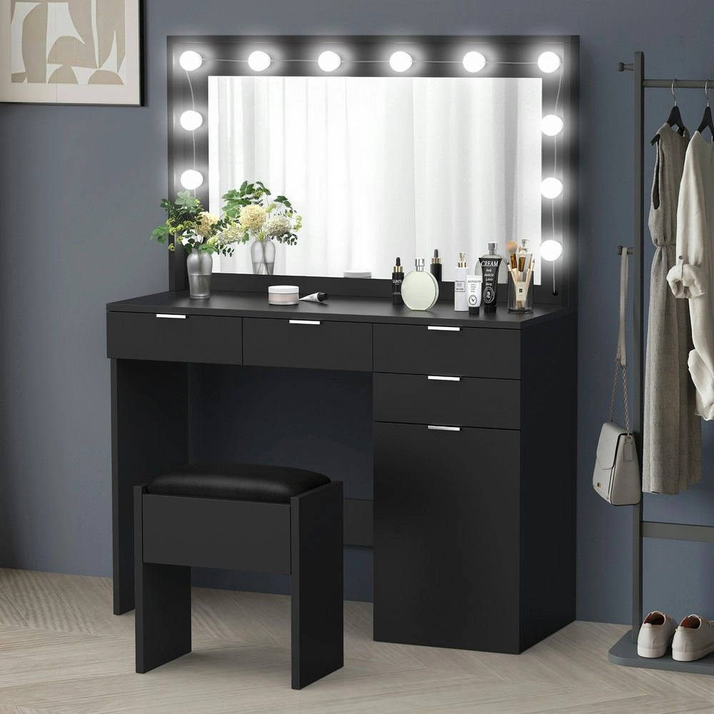 Alfordson Dressing Table Stool Set LED Bulbs Black