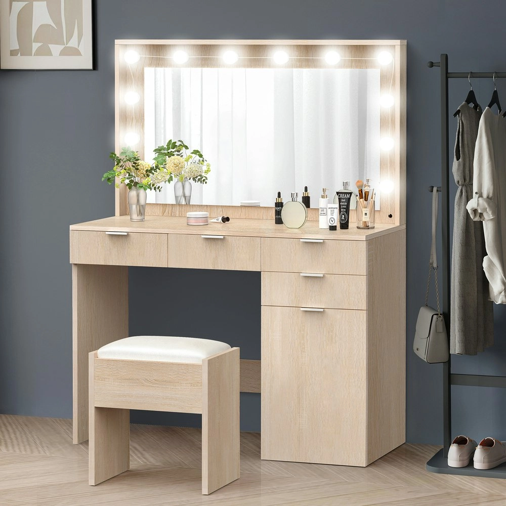 Alfordson Dressing Table Stool Set LED Bulbs Oak