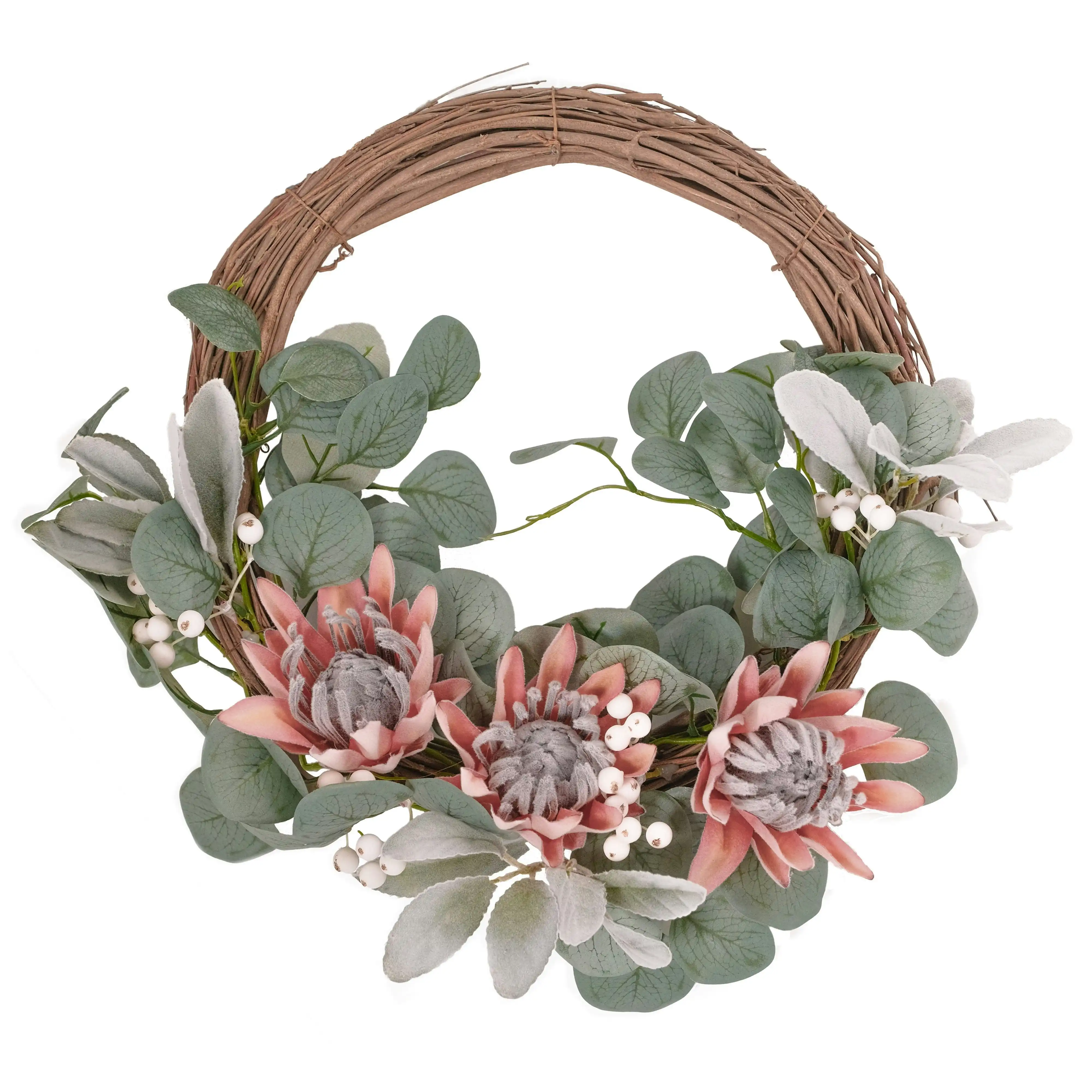 Artificial Protea Christmas Wreath - Native White/Pink 50cm