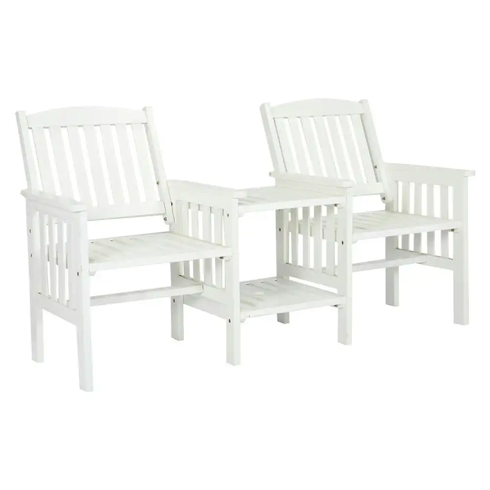 HortiKraft Wooden Garden Bench Outdoor Twin Loveseat 2-Seater Table Furniture - White