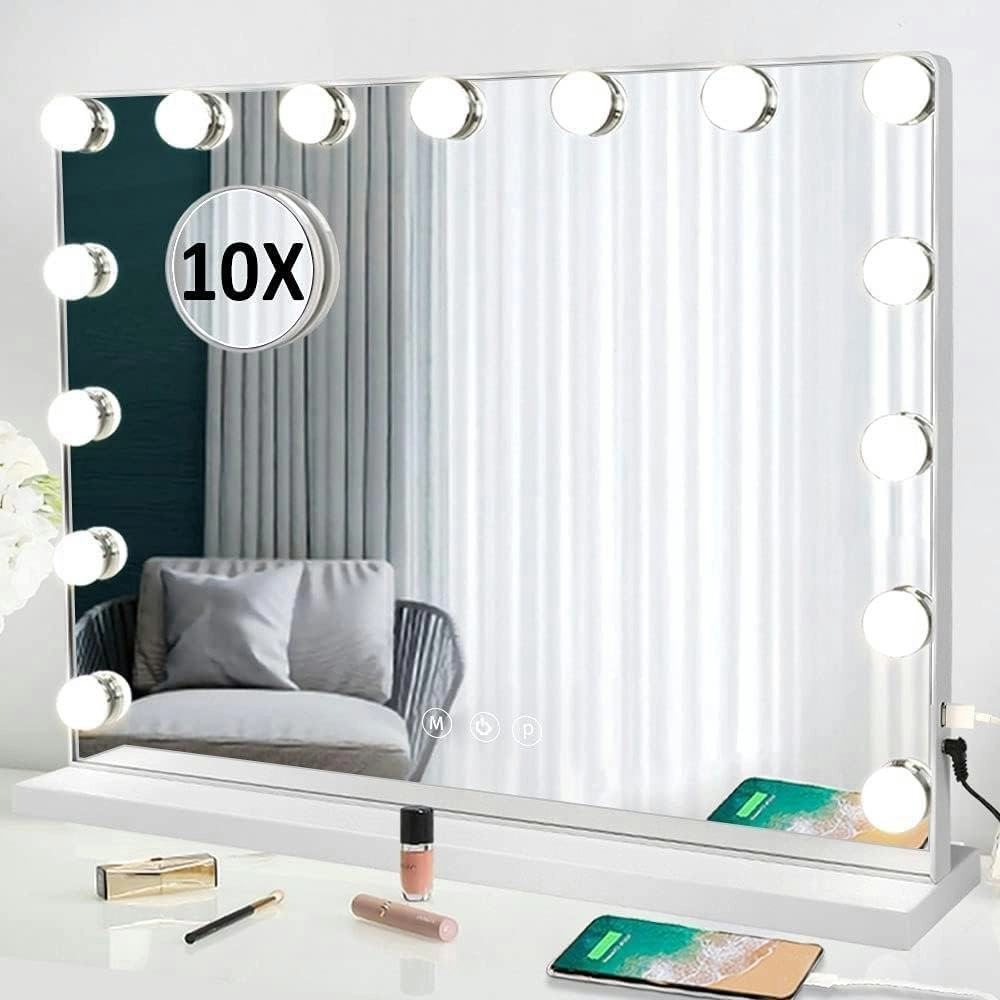 LED Vanity Mirror with Lights, USB Touch Control, 15 Dimmable Bulbs, 3 Color Modes, 10x Magnifying Mirror (White)