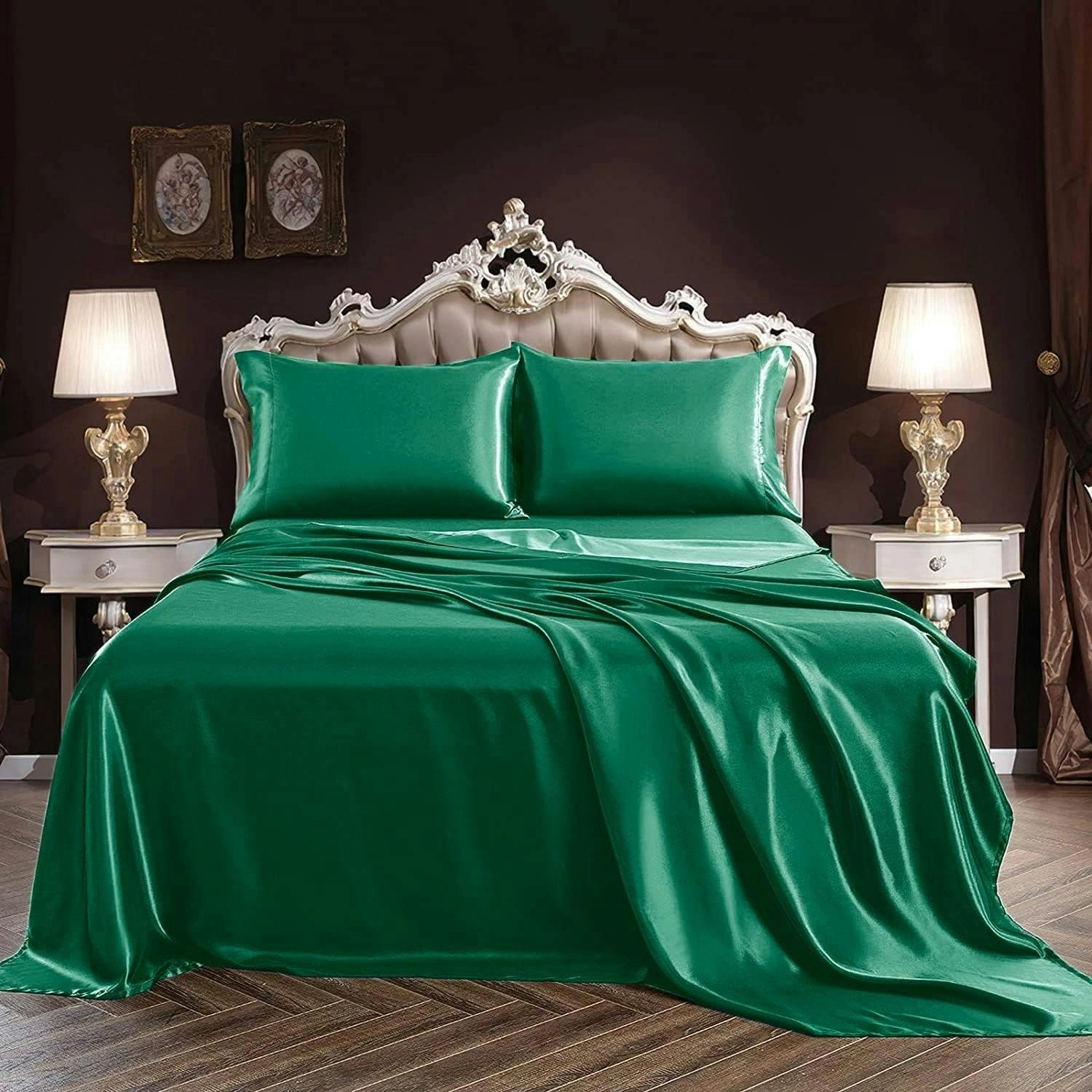 Soft Silky Satin Sheet Set 4pc Queen, 2000TC Deep Pocket, Flat/Fitted Green