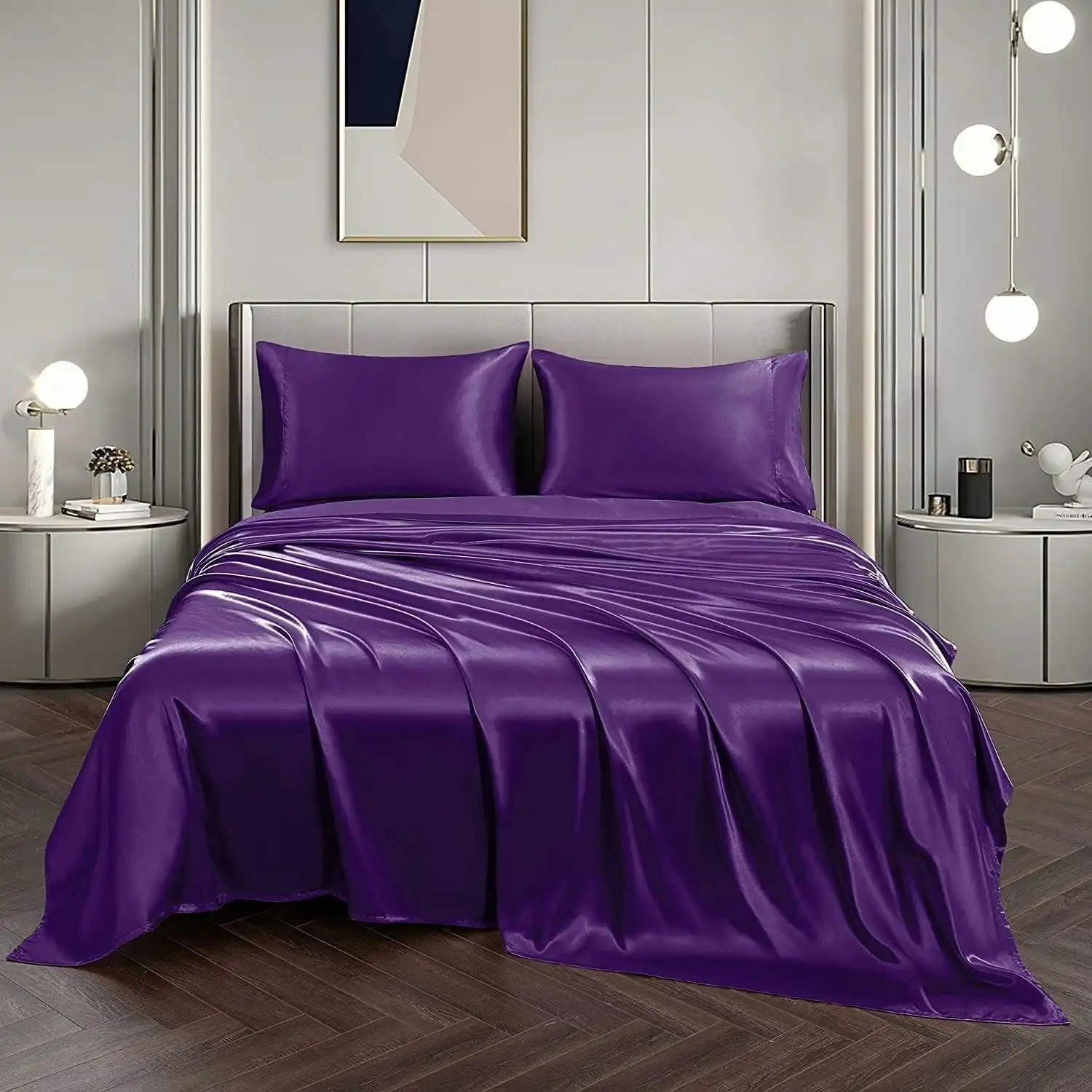 Soft Silky Satin Sheet Set 4pc 2000TC Queen, Deep Pocket Flat Fitted Bed Sheets Purple