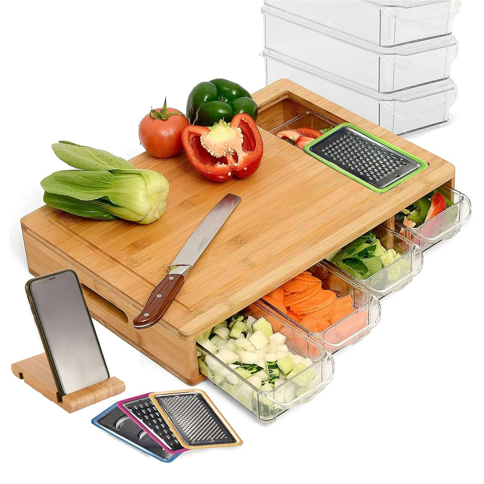 Carla Home Large Bamboo Cutting Board and 4 Containers with Mobile Holder gift included for Home Kitchen