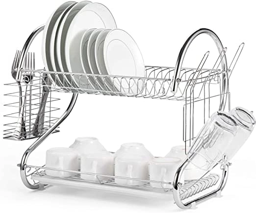 CARLA HOME 2 Tier Dish Rack with Drain Board for Kitchen Counter and Plated Chrome Dish Dryer Silver 42 x 25,5 x 38 cm