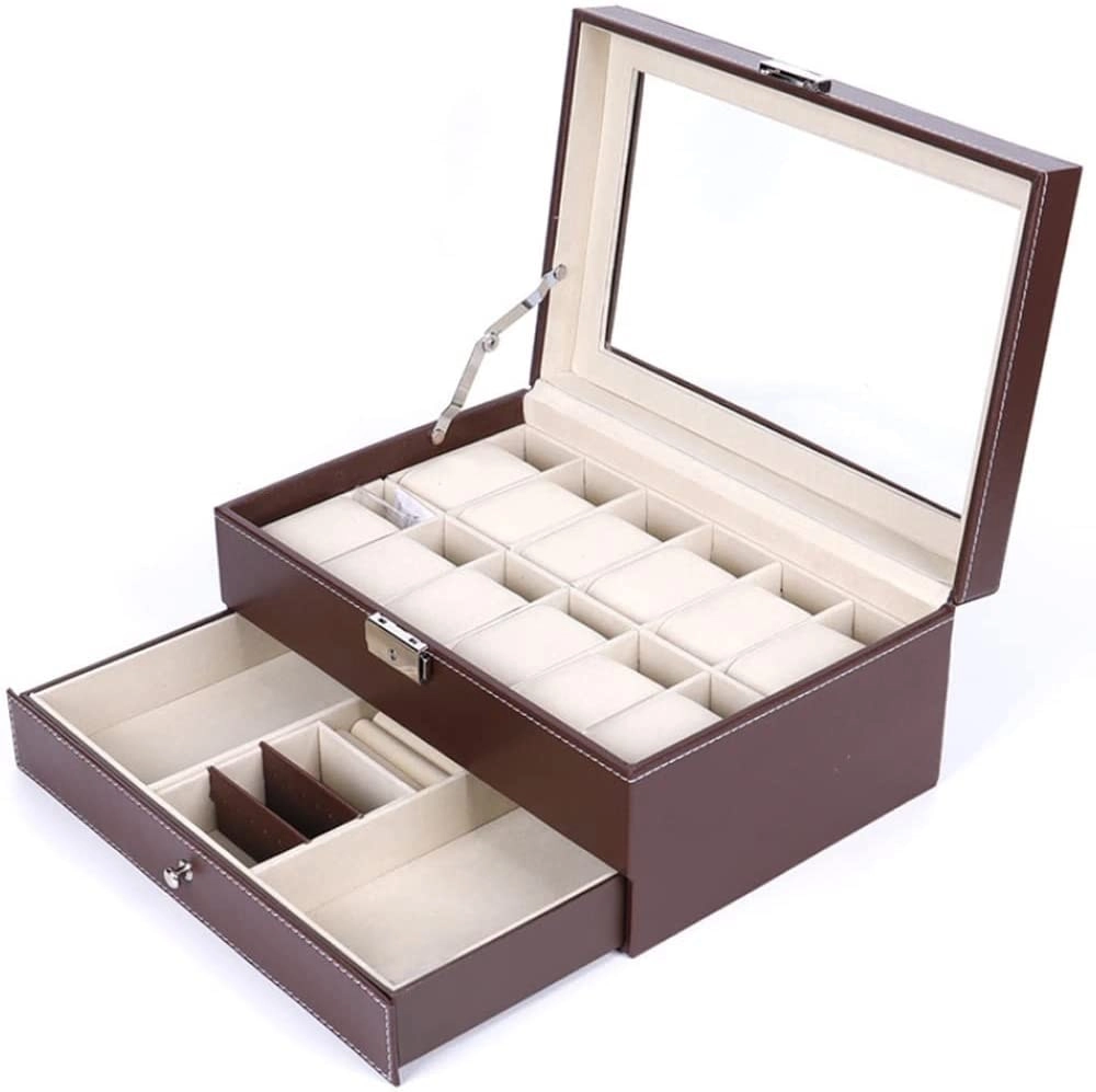 12 Slot PU Leather Lockable Watch and Jewelry Storage Boxes (Brown)