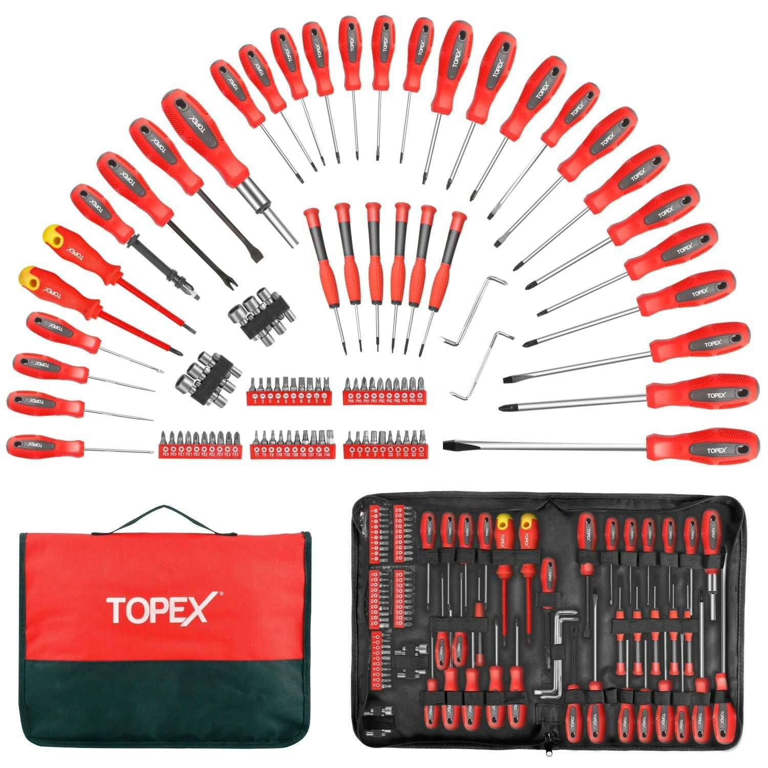 Topex 100 PCs Screwdriver Set Non-Slip Precision Screw Bits Sockets Kit w/ Oxford Bag