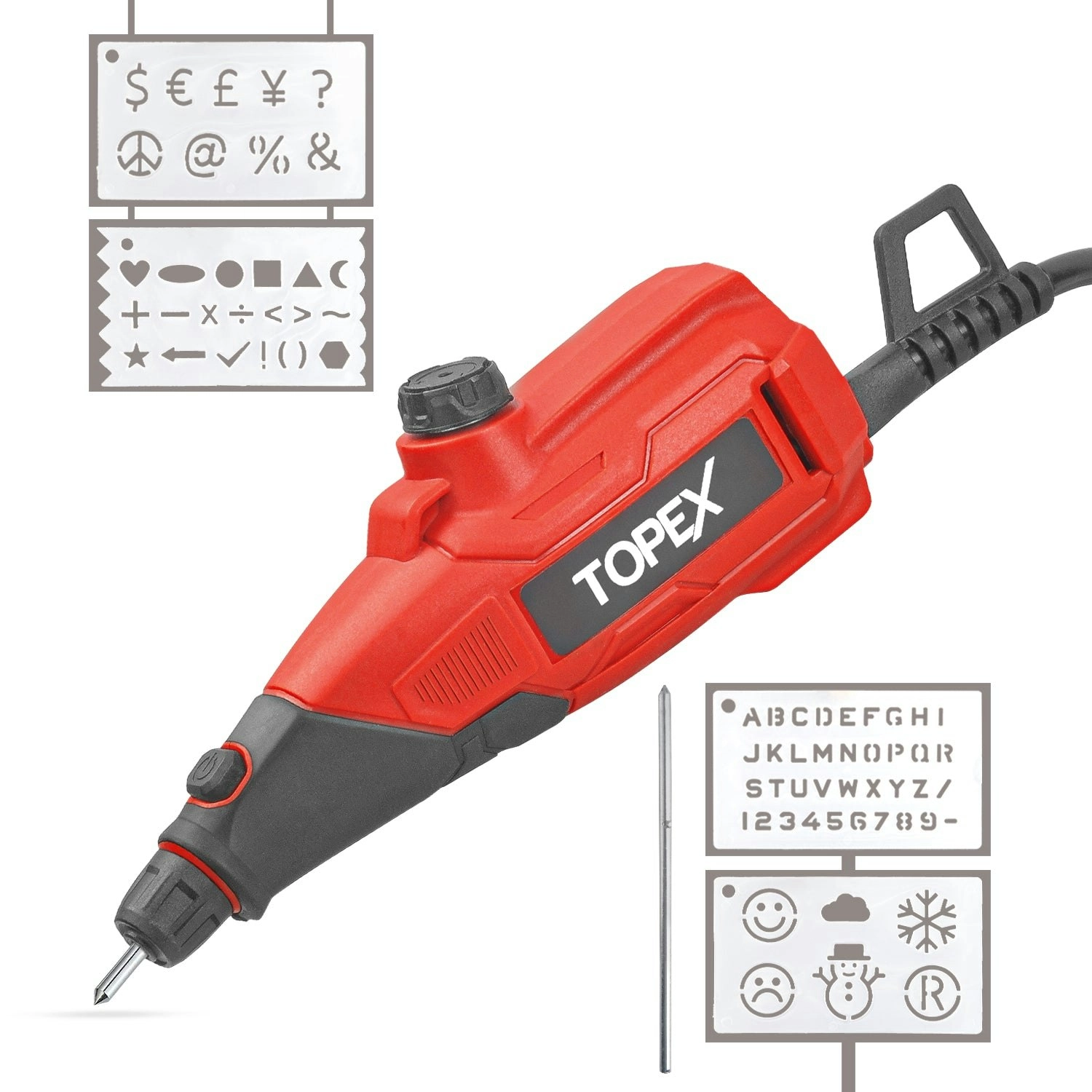 Topex 13W Electric Engraver Mini Versatile Etching Tool Kit With Stencils 2 Tips For Glass Metal Wood Plastic