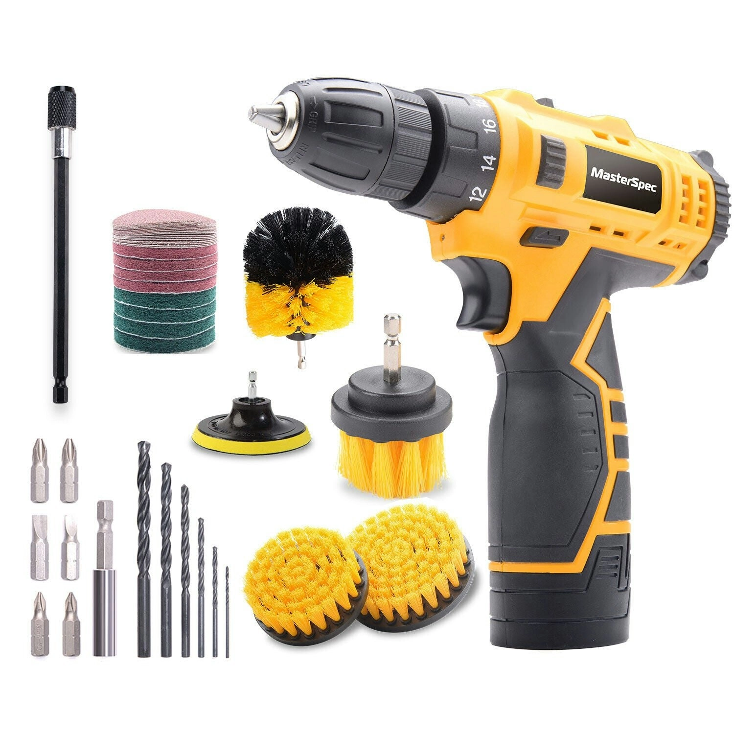 MasterSpec 45PCS Combo 12V Cordless Drill Driver Brush Kit Cleaning Sanding Pads Drill Bits