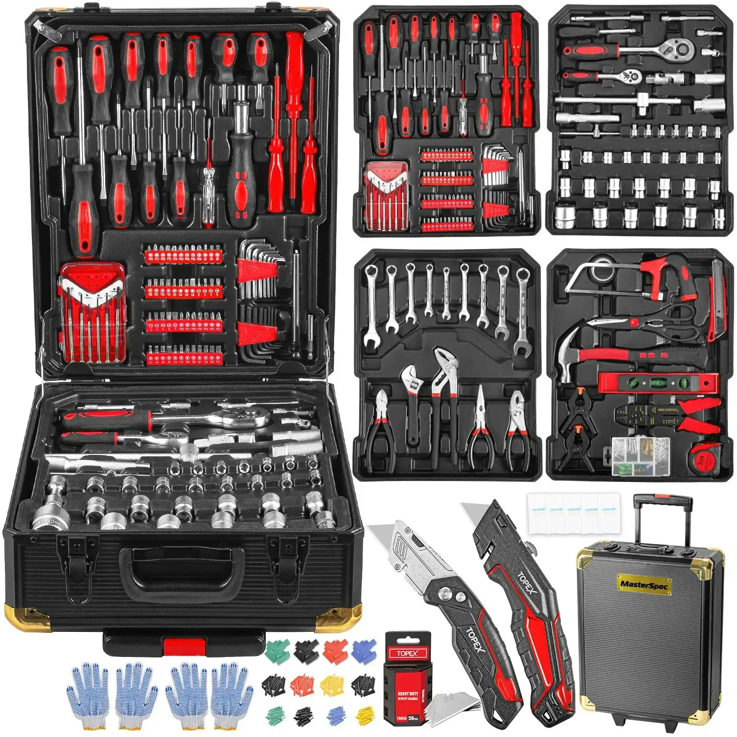 MasterSpec 1240pcs Tool Box Trolley Tool Set DIY Hand Tool Set w/2 Utility Knife