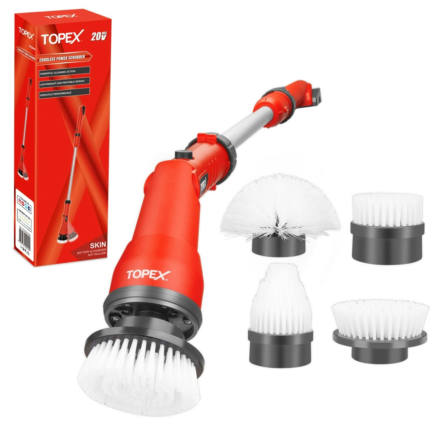 Topex 20V Cordless Power Scrubber With Extension Long Handle & 4 Replaceable Brush Heads,2 Speeds Power Scrubber Brush[Skin Only without Battery]