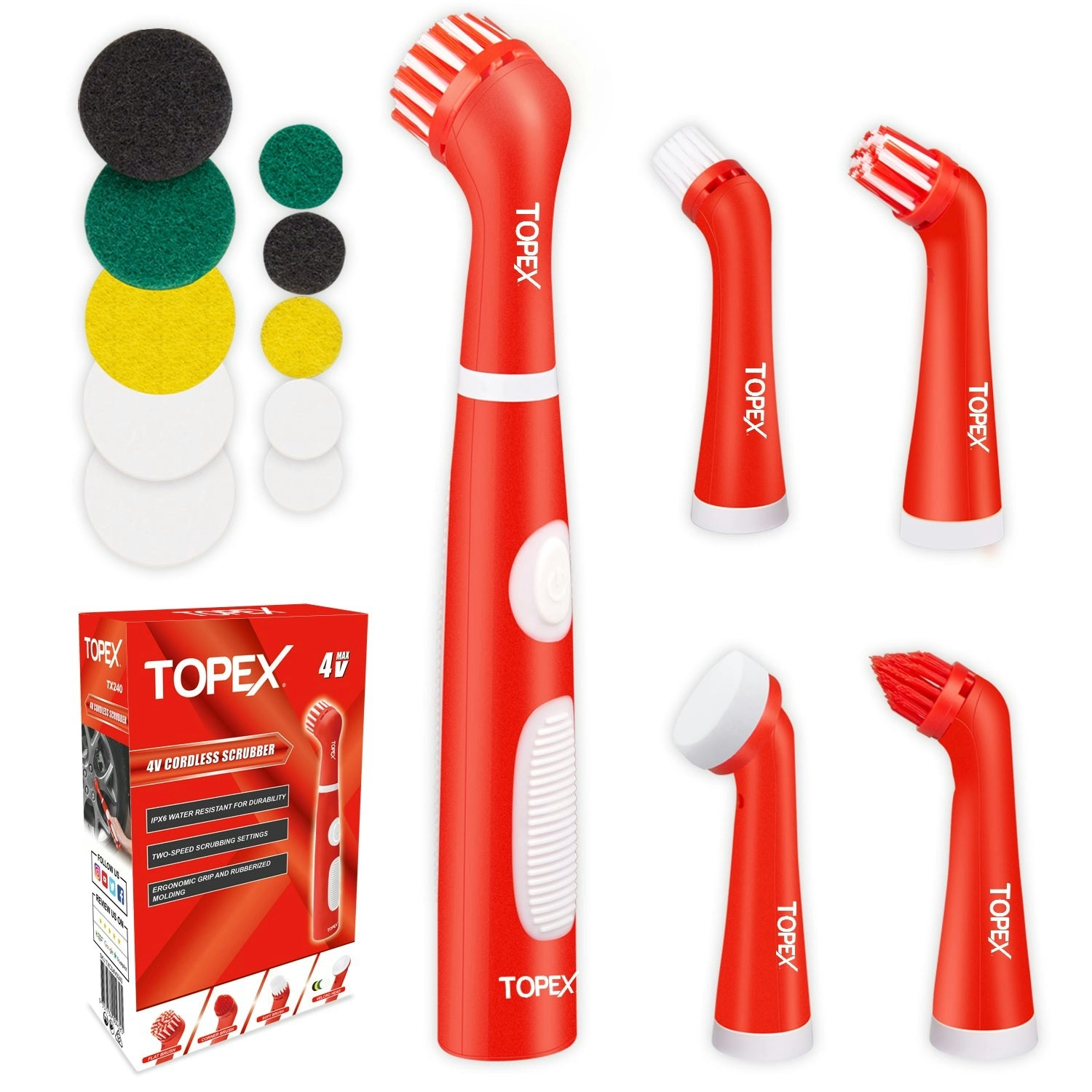 Topex 4V MAX Cordless Scrubber with 5 Replaceable Brush Heads Power Cleaning Brush for Grout/Tile/Bathroom/Shower/Bathtub