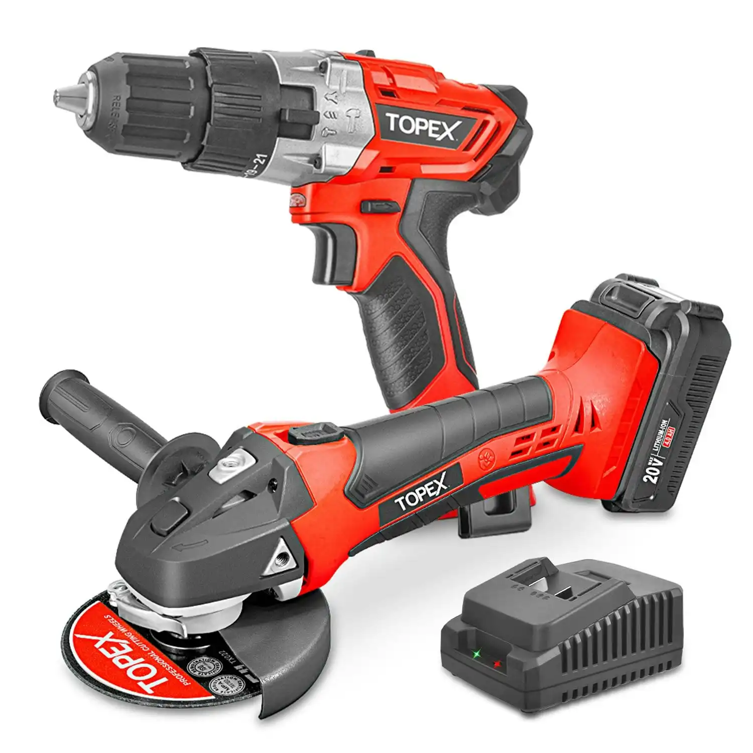 Topex 20V Cordless Power Tool Kit Cordless Drill Angle Grinder w/ 4.0Ah Battery & Fast Charger