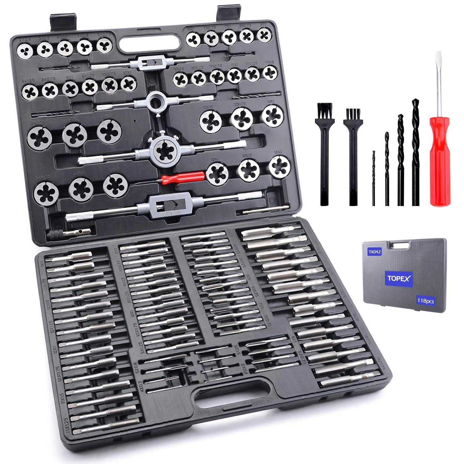 Topex 118-Piece Metric Tap and Die set Screw Thread Drill Repair Kit M2-M18