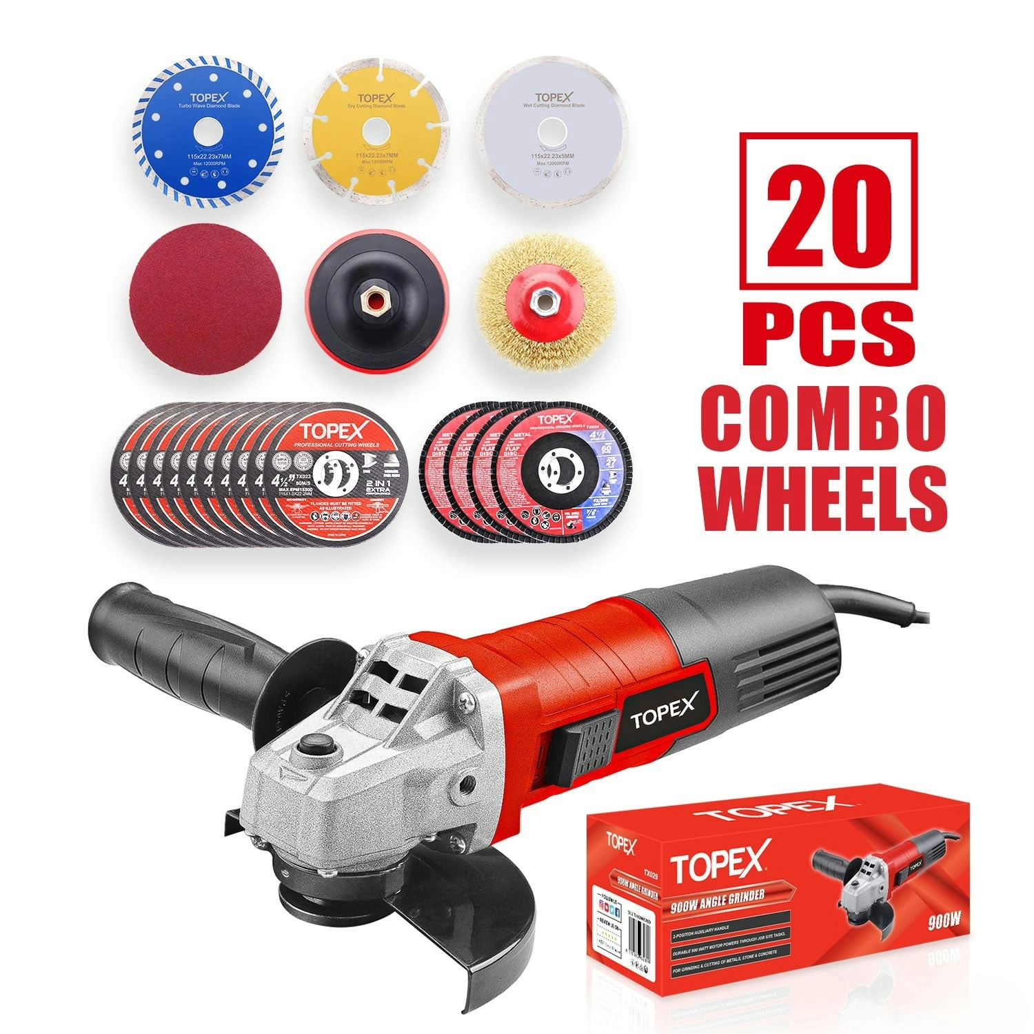 Topex 900W 125mm 5'' Angle Grinder w/ 20PCs 115mm Combo Discs Cut Grind Polish