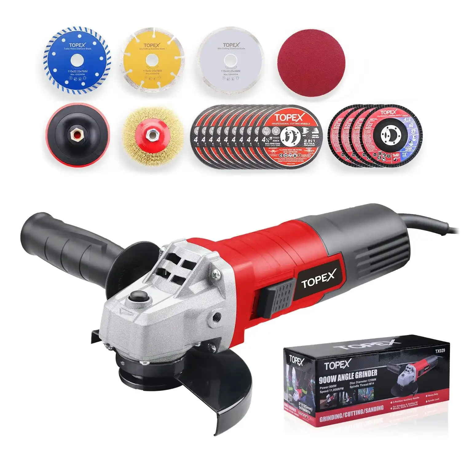 Topex 900W 125mm 5'' Angle Grinder w/ 20PCs 115mm Combo Discs Cut Grind Polish