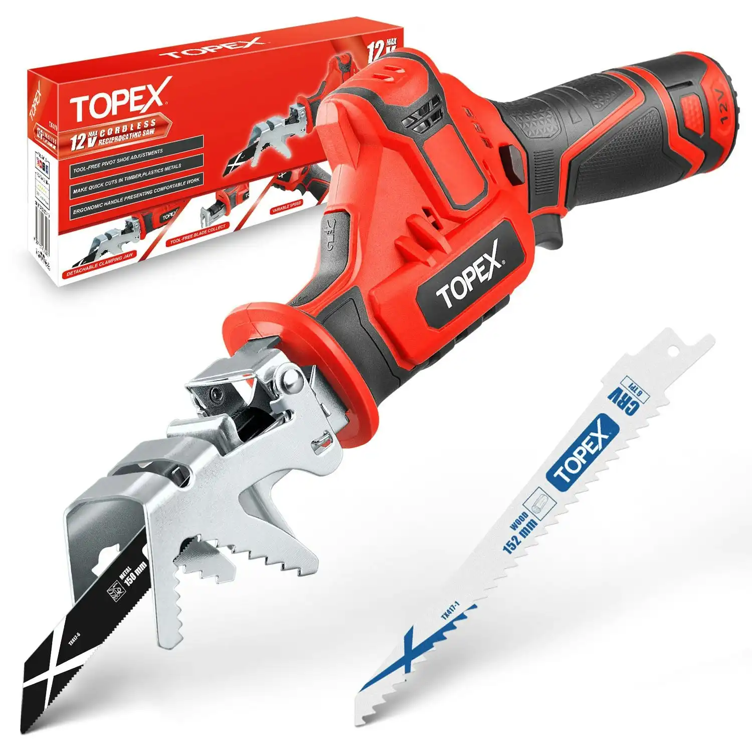 Topex 12V Cordless Reciprocating Saw w/ 2 Saw Blades & Clamping Claw Cutting Depth 65 mm