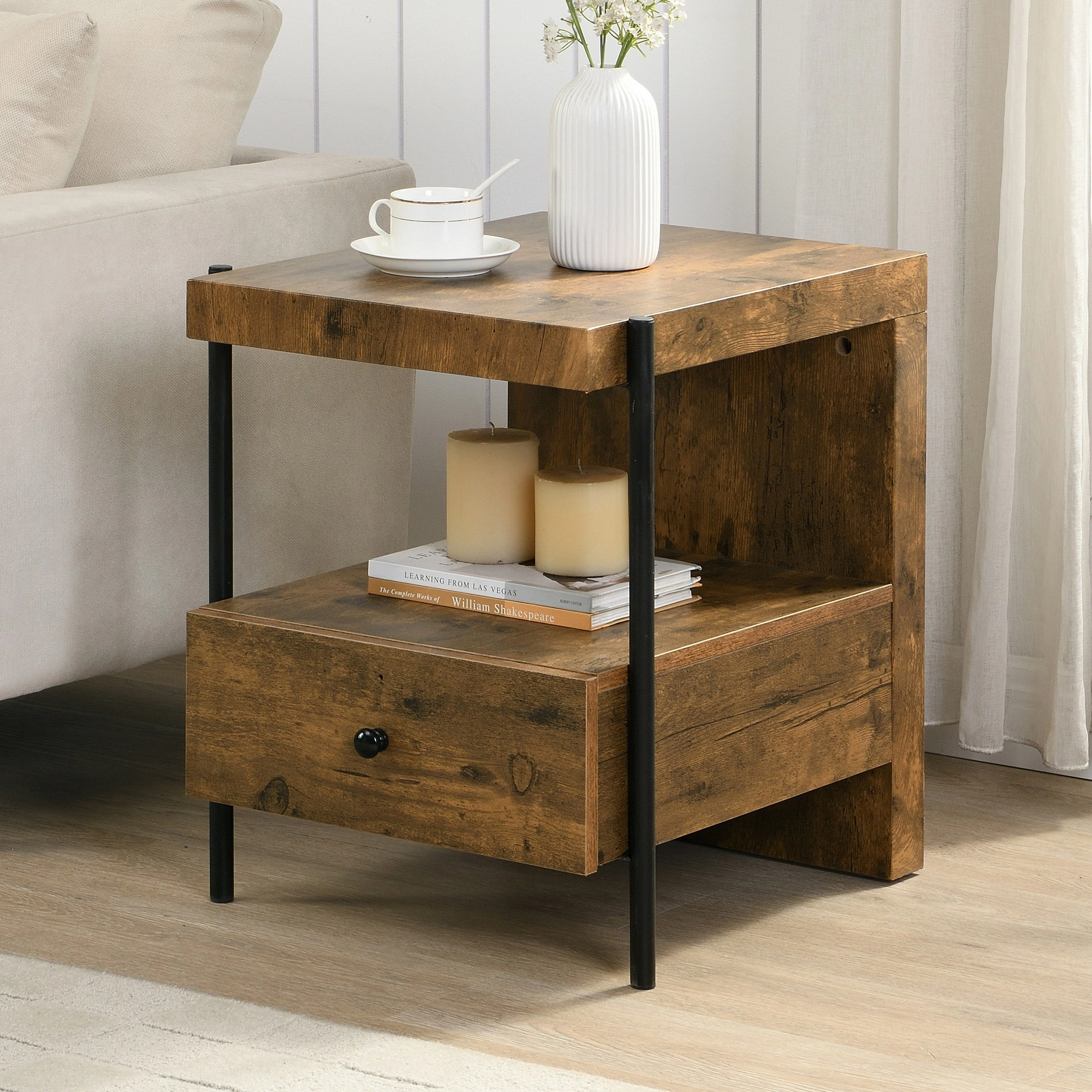 IHOMDEC Retro Metal Tube and Wood Side Table with Drawer Rustic Dark Brown