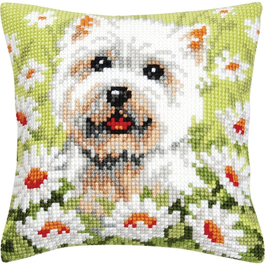 Westie & Daisies Needlepoint Cushion- Needlework