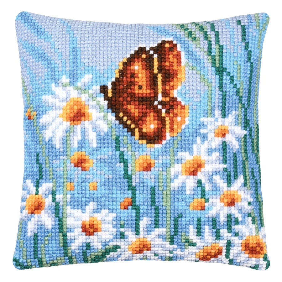 Butterfly & Daisies Needlepoint Cushion- Needlework