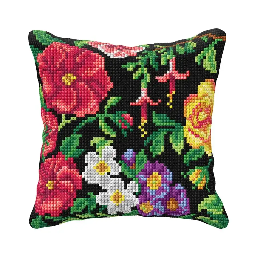 Flowers on Black Needlepoint Cushion- Needlework