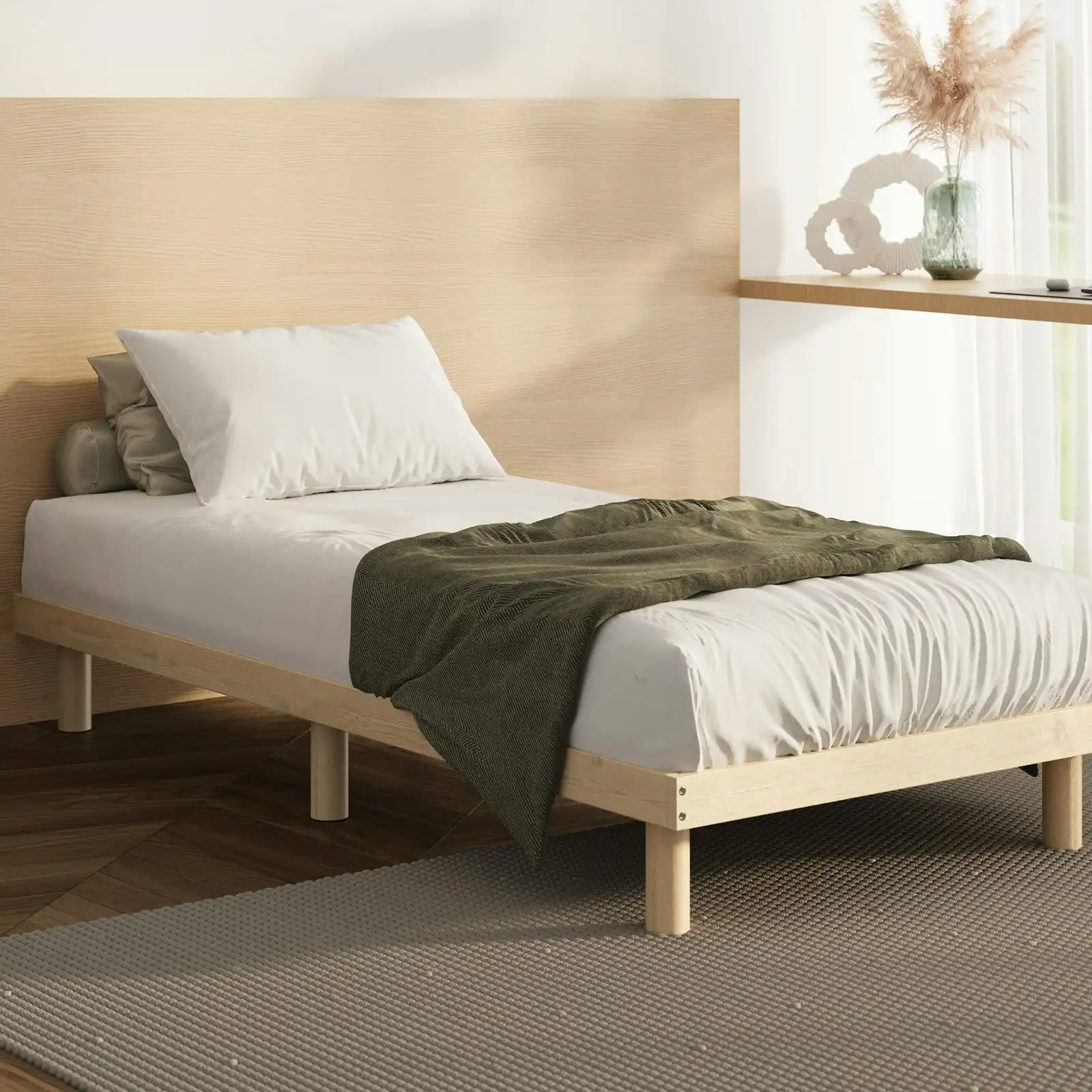 Oikiture Bed Frame Single Size Wooden Base Bed Platform