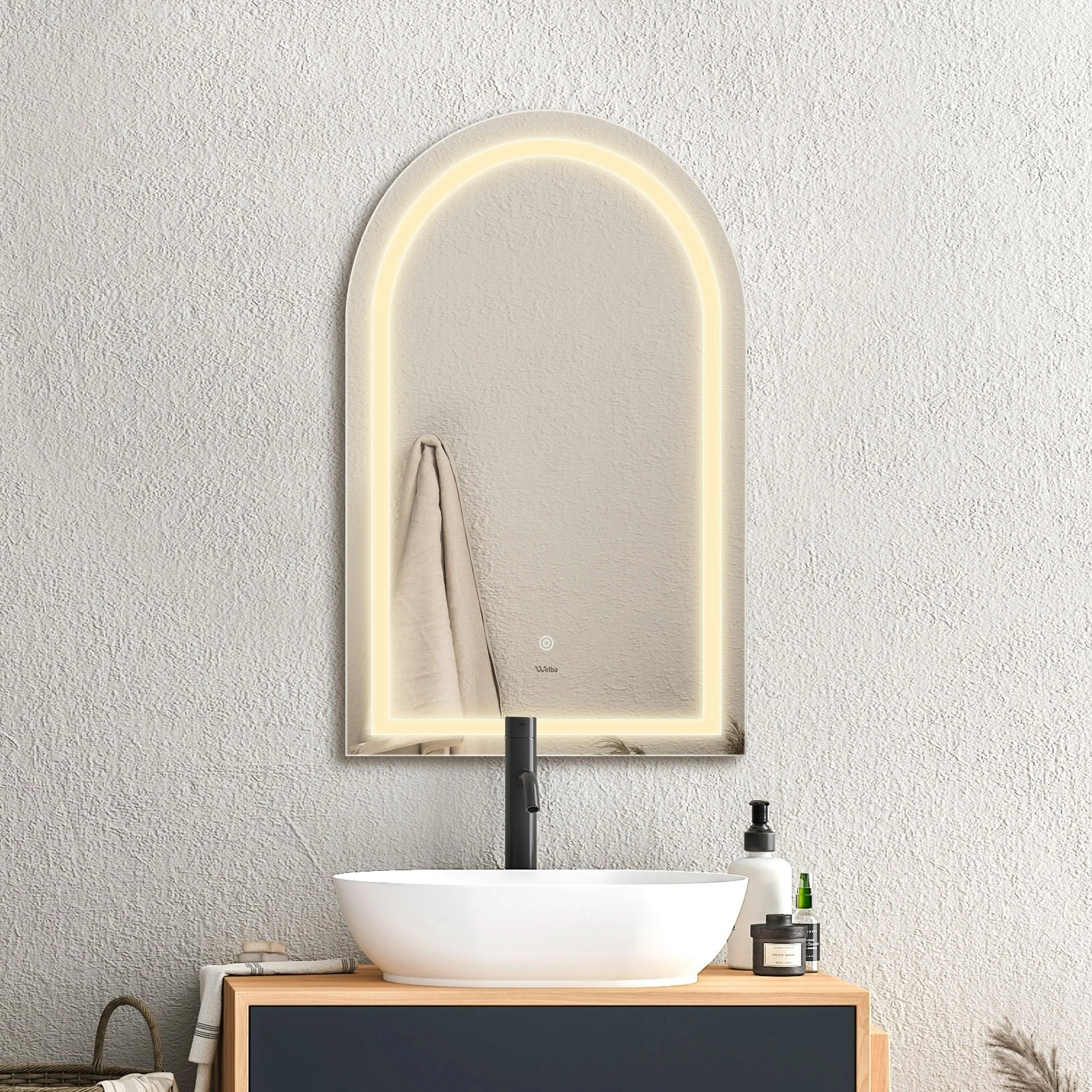 Welba LED Arched Bathroom Mirror Anti-fog Smart Makeup Wall Mirrors 86x50cm