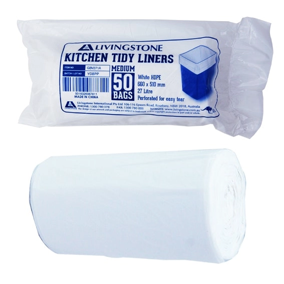 Livingstone Garbage Bag Bin Liner HDPE White 27L 51 x 66cm 20 Microns 50 Roll