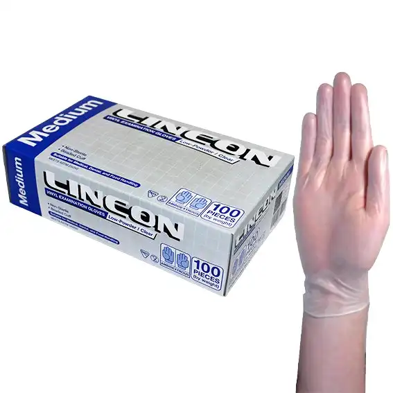 Lincon Vinyl Examination Gloves, Recyclable, 6.0g, Low Powder, Medium, Clear, 100/Box, 1,000/Carton