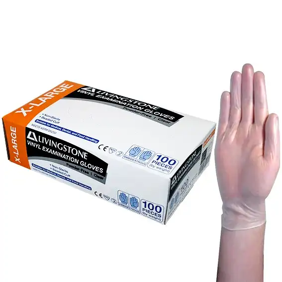 Livingstone Vinyl Examination Gloves, Recyclable, 7.0g, Powder Free, Extra Large, Clear, 100/Box, 1,000/Carton