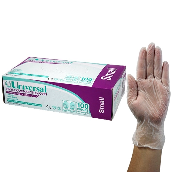 Universal Vinyl Examination Gloves, Recyclable, 5.5g, Powder Free, Small, Clear, HACCP Grade, 100/Box, 1,000/Carton