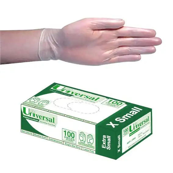 Universal Vinyl Examination Gloves, Recyclable, 5.0g, Low Powder , Extra Small, Clear, HACCP Grade, 100/Box, 1,000/Carton