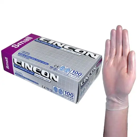 Lincon Vinyl Examination Gloves, Recyclable, 5.5g, Low Powder, Small, Clear, 100/Box, 1,000/Carton