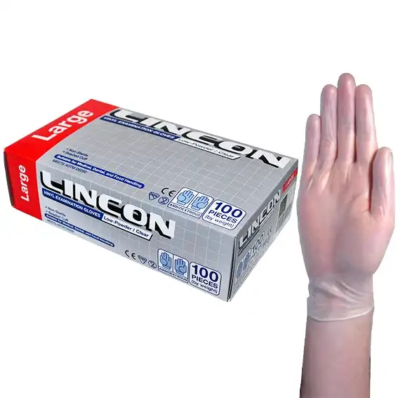 Lincon Vinyl Examination Gloves, Recyclable, 6.5g, Low Powder, Large, Clear, 100/Box, 1,000/Carton