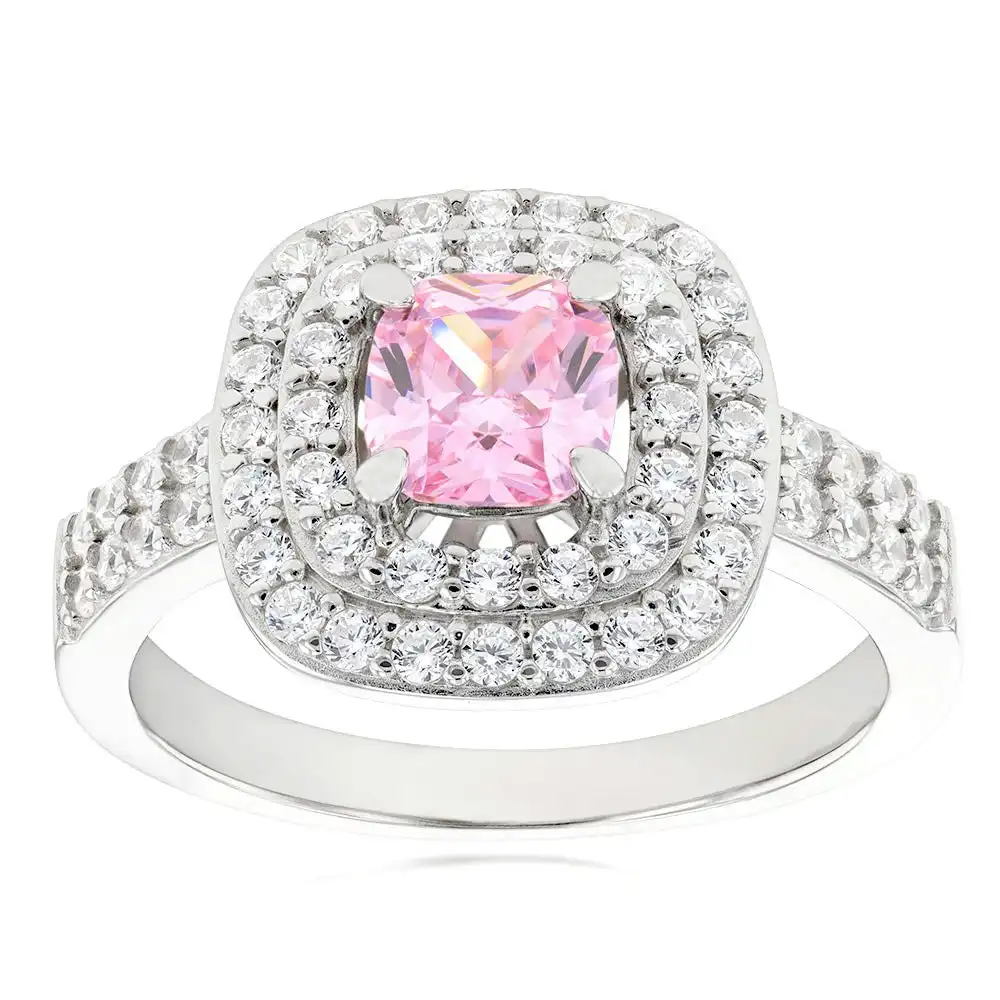 Sterling Silver Rhodium Plated White & Light Pink Cubic Zirconia Cushion Ring