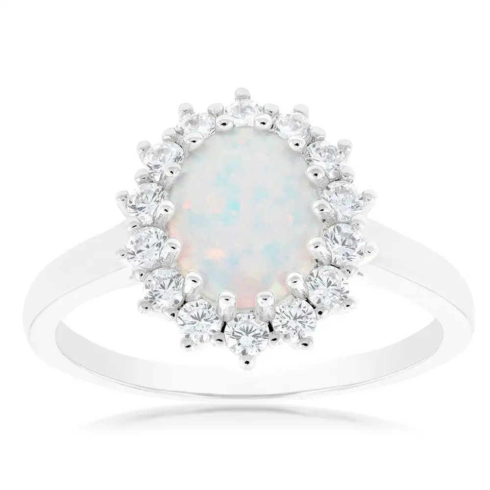 Sterling Silver Rhodium Plated Cubic Zirconia Synthetic Opal Round Ring