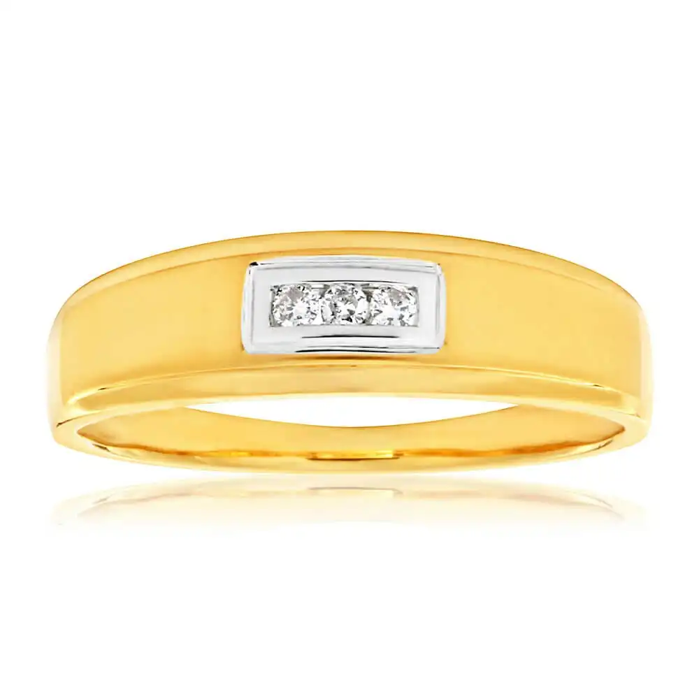 9ct Yellow Gold Matt Polished Gents Ring with 3 Diamonds