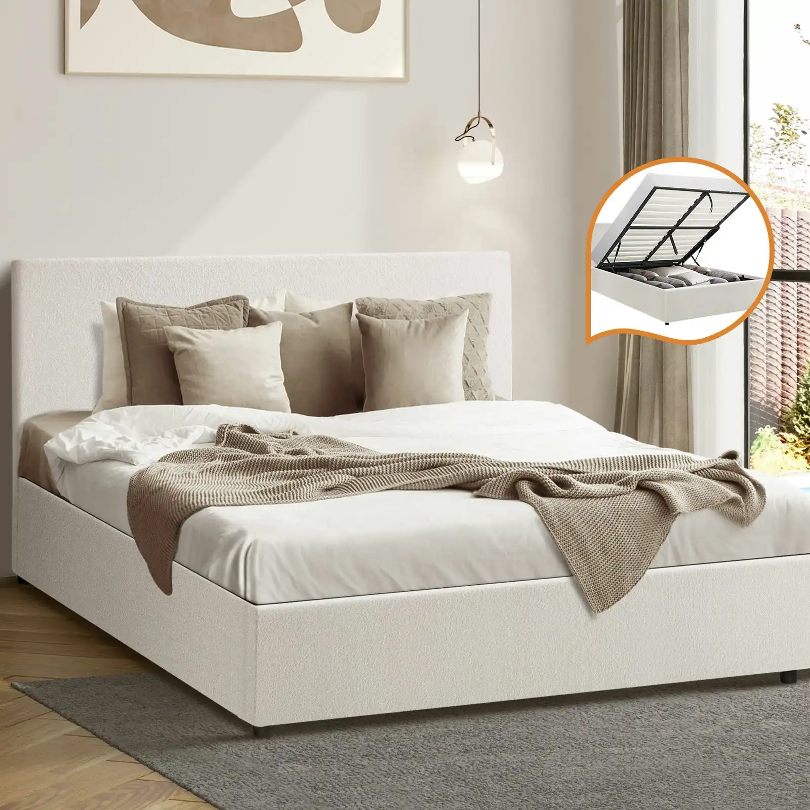 Oikiture Bed Frame Double Size Gas Lift White Boucle