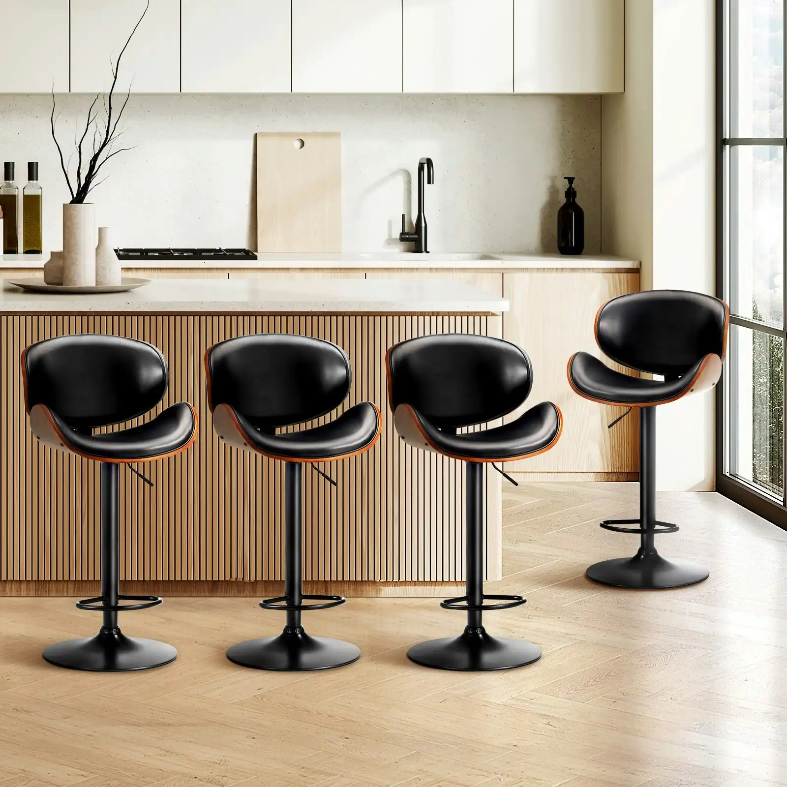 Oikiture Set of 4 Bar Stools Kitchen Stool Swivel Chair Wooden Leather Gas Lift