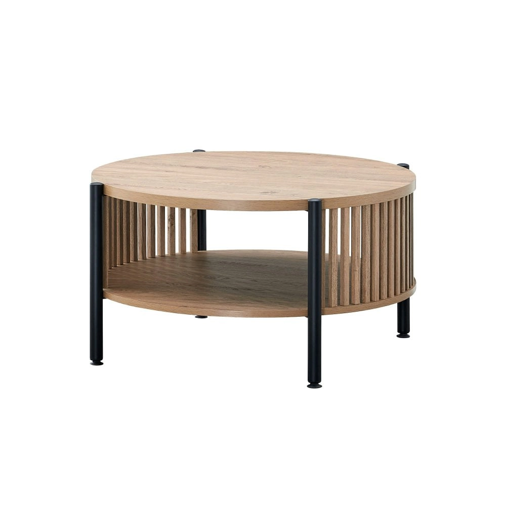 Design Square Ailana Wooden Round Open Shelf Coffee Table 80cm Slat Oak