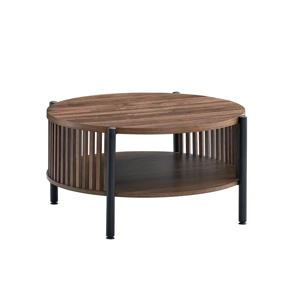 Design Square Ailana Wooden Round Open Shelf Coffee Table 80cm Slat Walnut