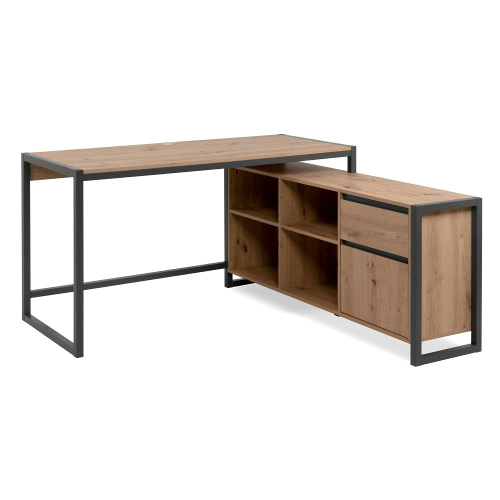 Design Square Isla Industrial L-Desk Executive Computer Working Office Desk Table W Storage Natural/Black