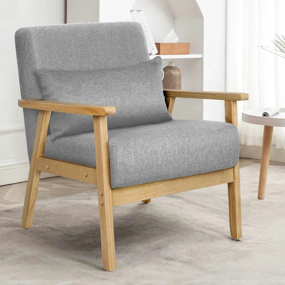 Alfordson Wooden Armchair Lounge Accent Chair Fabric Light Grey