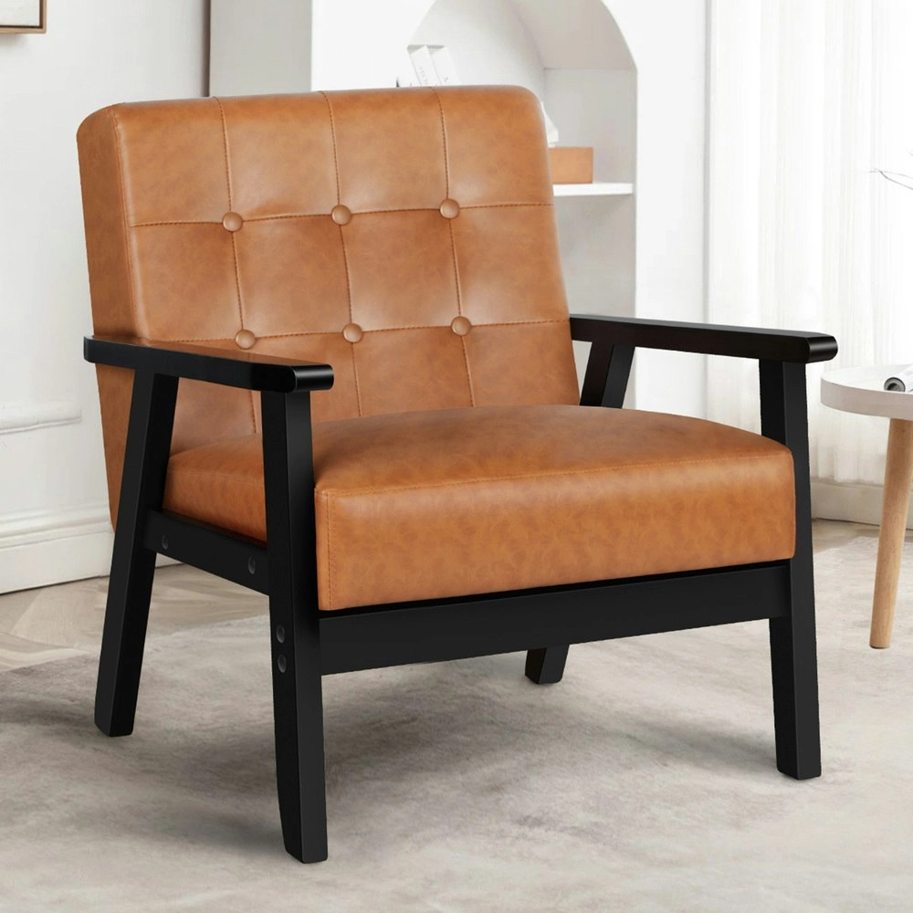 Alfordson Wooden Armchair Retro Accent Chair Lounge Sofa Couch PU Leather Seat