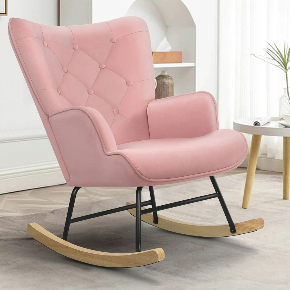 Alfordson Rocking Chair Armchair Lounge Accent Chair Velvet Pink